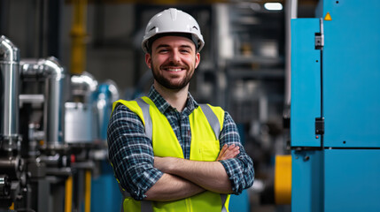 A handsome male worker wearing a safety helmet and yellow vest is standing in front of the machines with his arms crossed