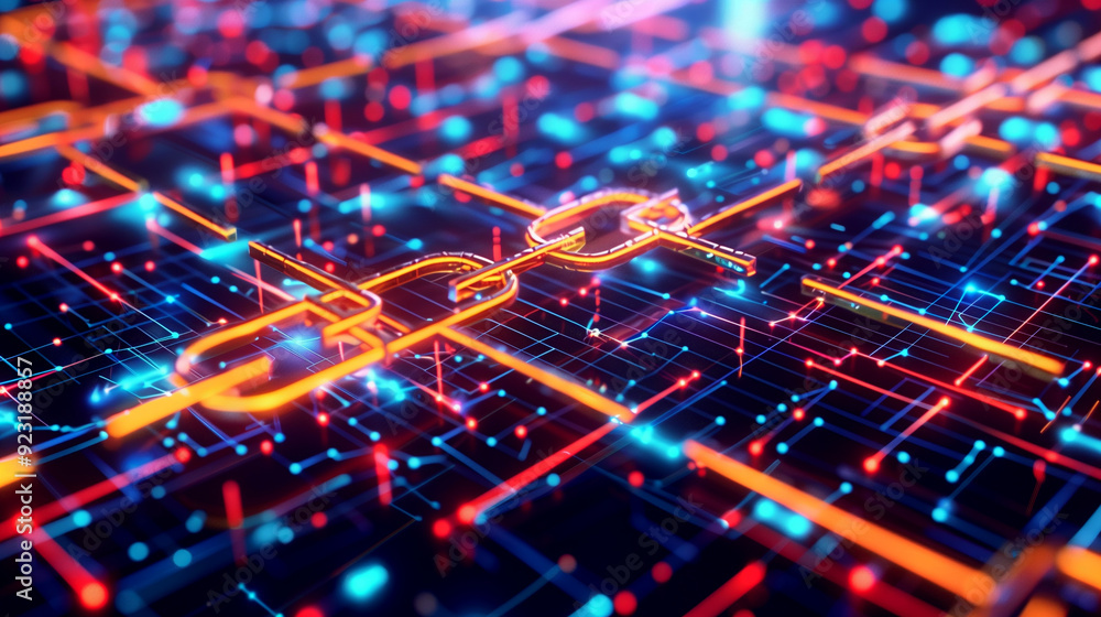 Poster a detailed visual of blockchain transactions with interconnected blocks, secure chains