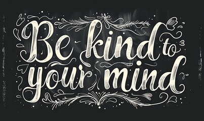 Be kind to your mind - modern calligraphy lettering with floral swirls decoration. Inspirational text