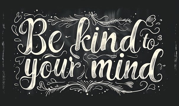 Be kind to your mind - modern calligraphy lettering with floral swirls decoration. Inspirational text