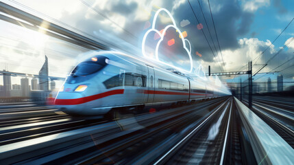 Naklejka premium A train is speeding down the tracks with a cloud in the background