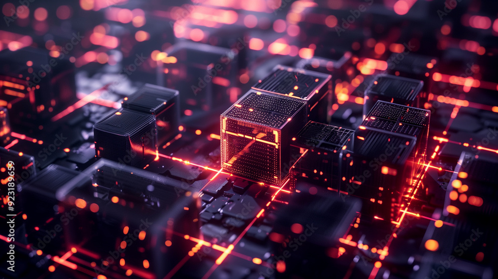 Poster a detailed visual of blockchain transactions with interconnected blocks, secure chains