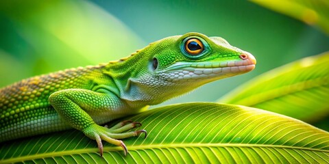 Fototapeta premium Green lizard resting on a vibrant leaf, lizard, green, reptile, nature, wildlife, animal, leaf, tropical, camouflage