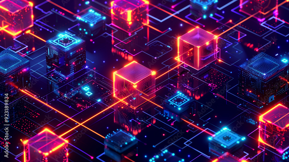 Poster a detailed visual of blockchain transactions with interconnected blocks, secure chains