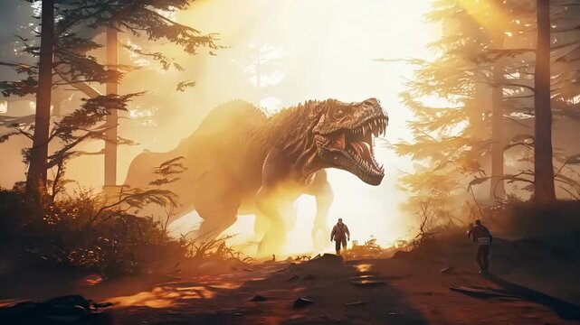 Scary Tyrannosaurus Rex in a misty primeval forest