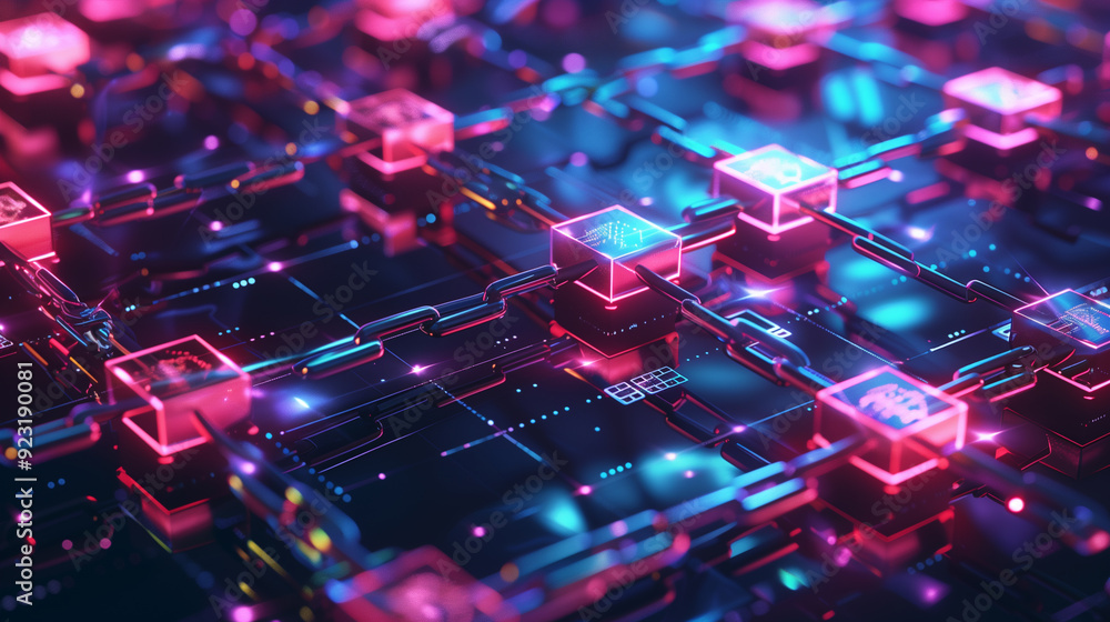 Poster a detailed visual of blockchain transactions with interconnected blocks, secure chains