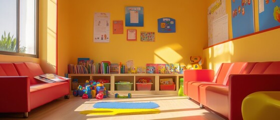 Bright and cheerful kindergarten classroom with colorful decorations, toys, and inviting seating for young learners.