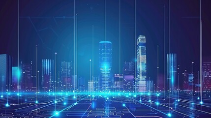 Futuristic city skyline with glowing lines and digital technology.