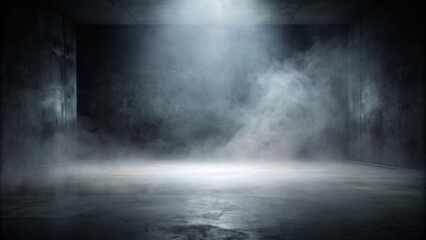 Abstract image of dark room concrete floor with white cloudiness mist moving on a black background