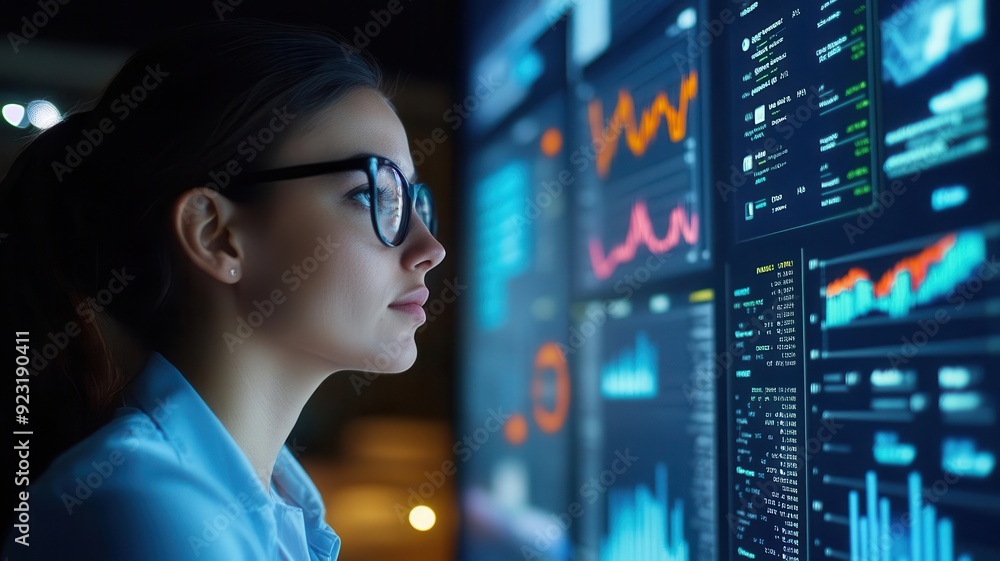 Aufkleber focused professional analyzing data on a digital screen, showcasing modern technology and data visua