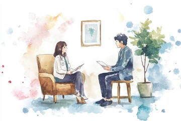 Fototapeta premium A watercolor illustration of a man and woman engaged in a discussion, enhancing themes of communication and collaboration.