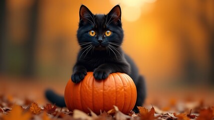 Charming black cat perched on pumpkin, evokes autumn vibes, ideal for Halloween marketing, pet lovers, cozy themes, versatile copy space for brands.