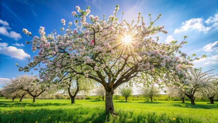 Fototapeta premium Apple tree in full blossom on a sunny spring day, apple, tree, blossom, spring, sunny, day, nature, blooming, white, flowers