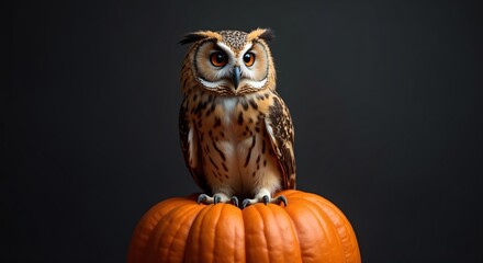 Majestic owl perched on vibrant pumpkin, Halloween vibes, autumnal themes, perfect for marketing, educational content, evocative imagery, creative potential.
