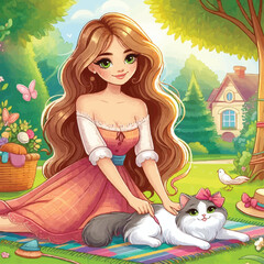 Beautiful girl plays with her cat in a park