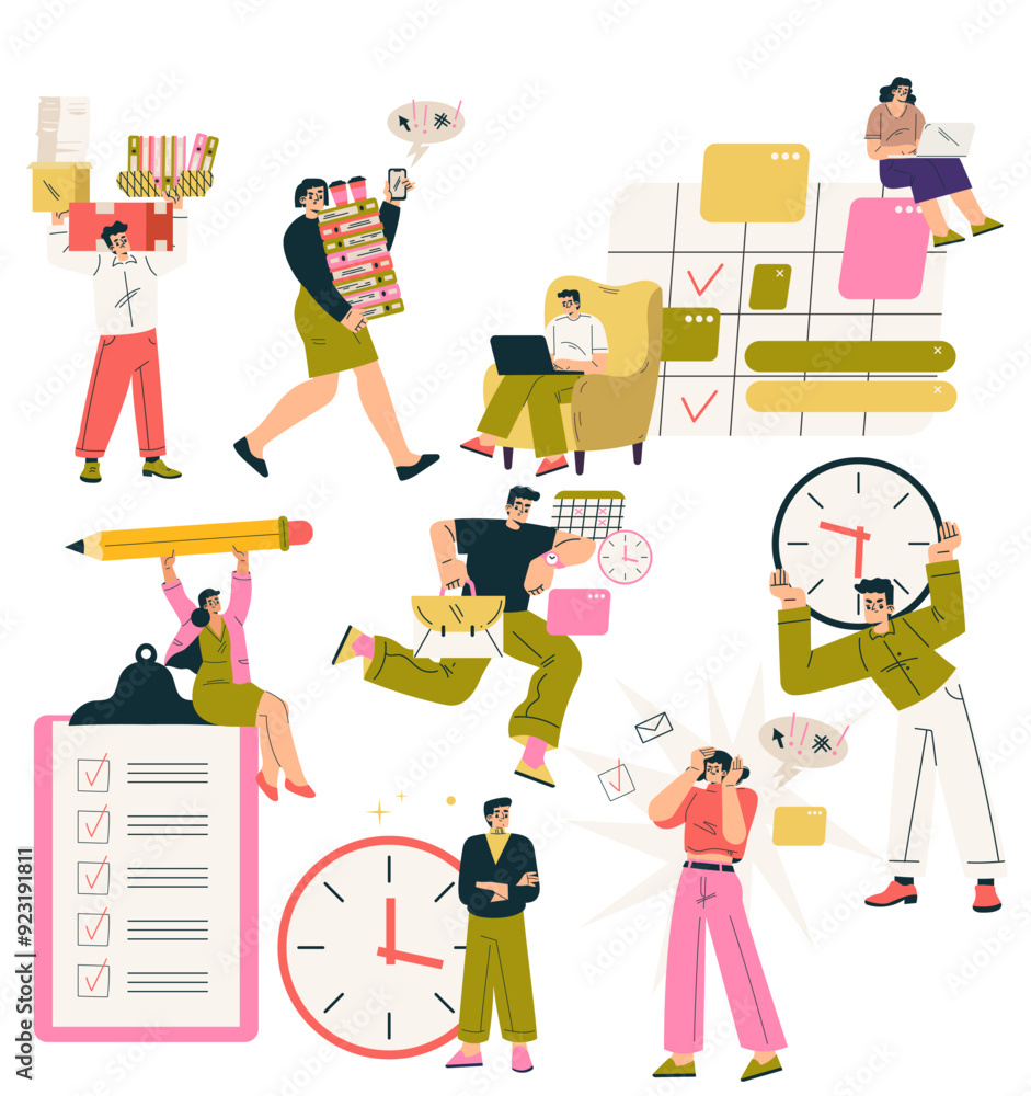 Poster multitasking people character doing multiple task vector set