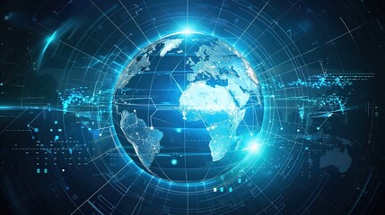 Futuristic digital globe with glowing lines and data.
