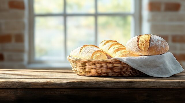 Dramatic chiaroscuro image of freshly baked bread on a wooden table.