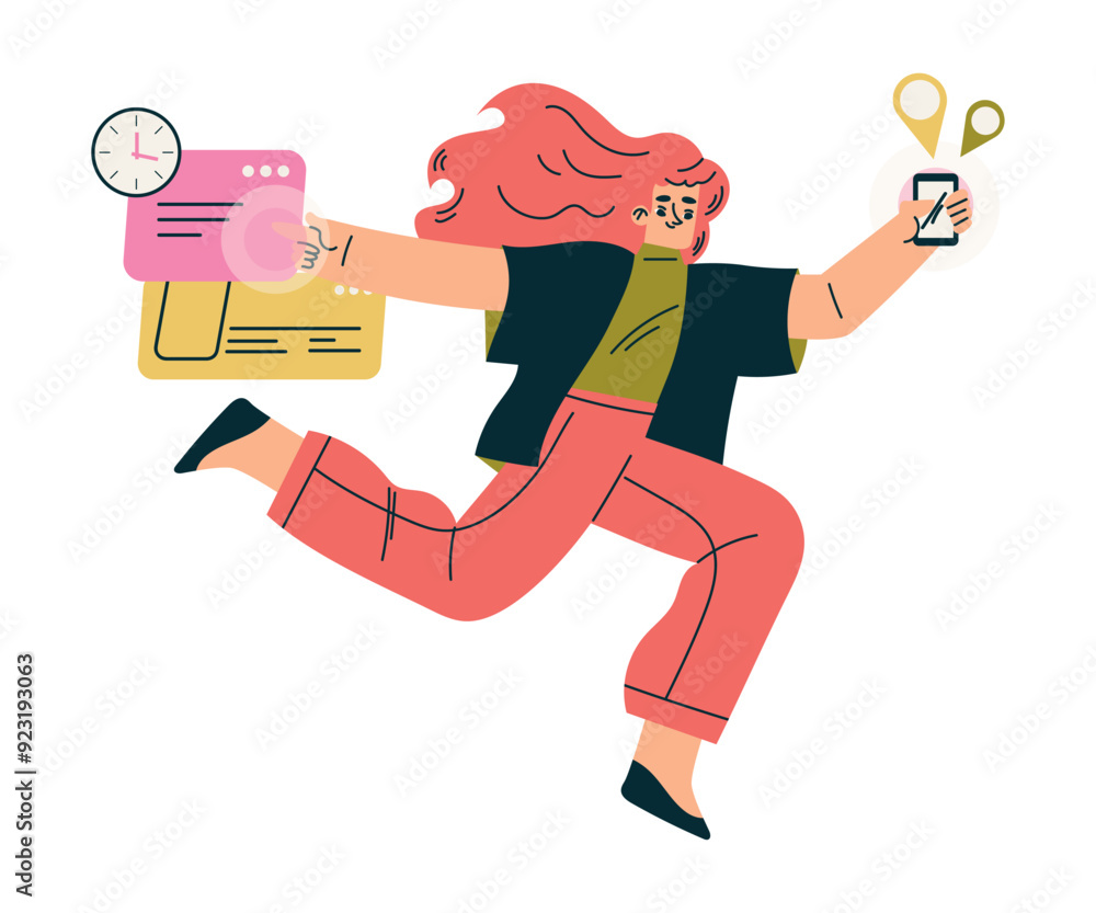 Poster multitasking woman character doing multiple task on smartphone app vector illustration