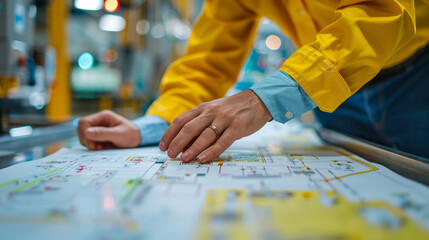 Fototapeta premium Close-up of an auditor analyzing a flowchart of the production process, pointing out critical control points