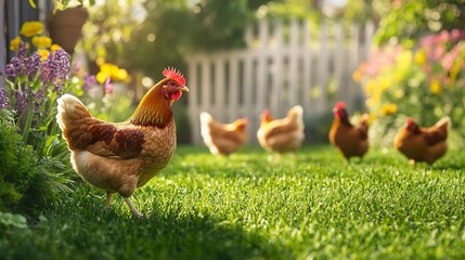 Fototapeta premium Chickens walking on a lush green lawn while their owner has chickens in the backyard.