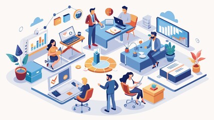 Fototapeta premium This aerial view captures the essence of a productive office. Engaged professionals collaborate effectively, their combined focus paving the way for achieving ambitious business objectives.