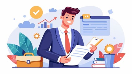 A businessman represents the culmination of planning and negotiation, symbolized by the contract. His focus signifies the importance of understanding agreements