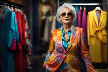 Obraz premium woman in a colorful suit and sunglasses standing in front of a rack of clothes