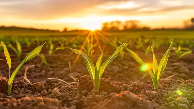 Golden sunset young corn seedlings in fertile soil