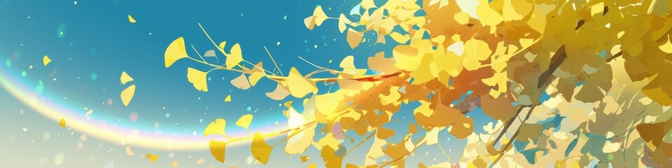 Naklejka premium Enchanting Anime-Style Autumn Landscape: Golden Ginkgo Leaves and Rainbow After Rain. Whimsical 4K Wallpaper for Children's Books and Creative Marketing. Dreamy Countryside Harvest Scene in Fresh, Nat