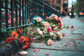Flowers left at a memorial fence to honor victims on a city street, background