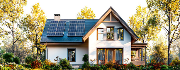 A cottage with solar panels on the roof. 