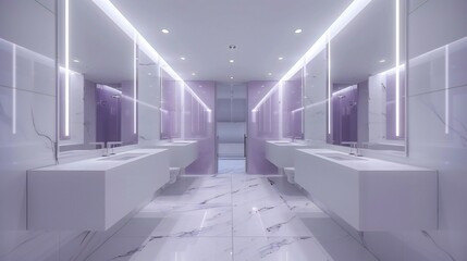 Short glimpses capture the subtle beauty of rectangular lights as they accentuate the architectural features of the washroom.