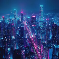 Obraz premium A wide-angle view of a city skyline at night, digitally enhanced with vibrant neon lights