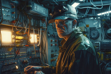 Engineer in protective helmet and safety glasses working in industrial environment