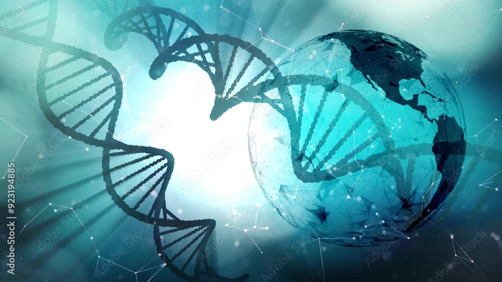 Canvas Prints dna chains and earth sphere rotation on blue science background.