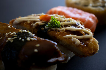 Close-up of Sushi lined up
