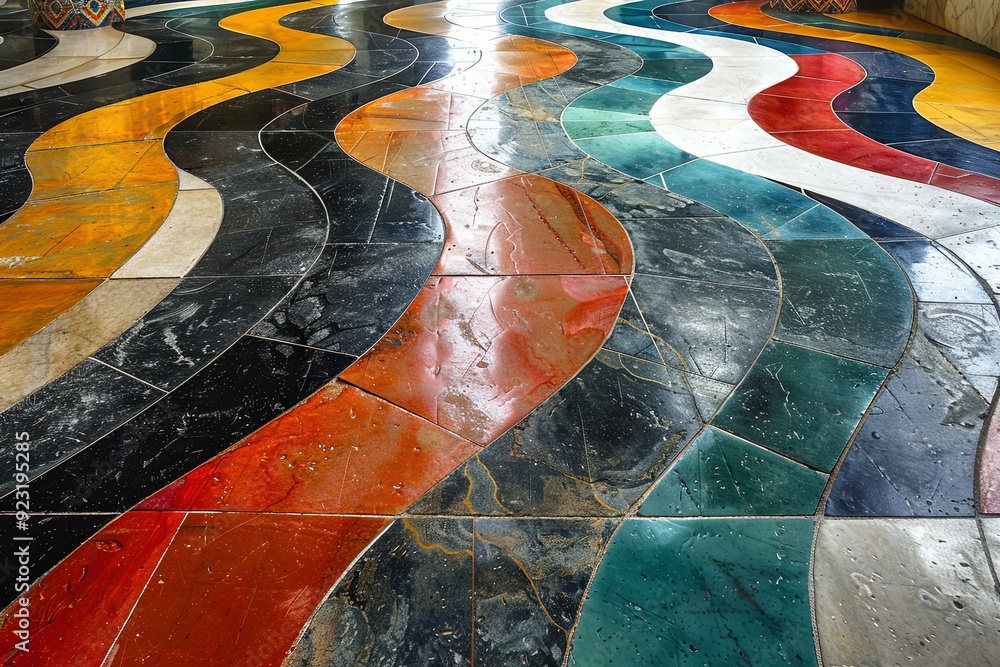 Poster colorful patterned floor tiles with waves of various hues in an indoor space. generative ai