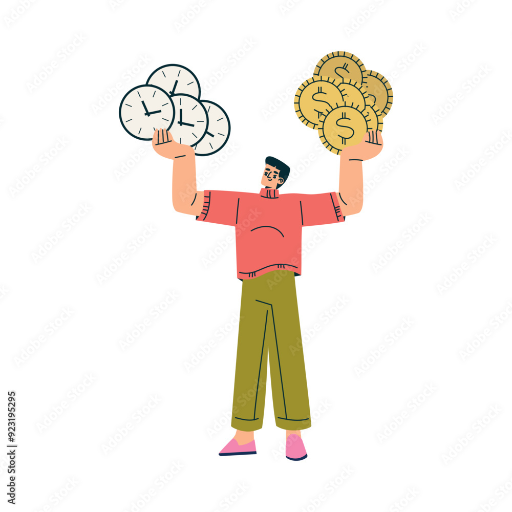 Poster multitasking man character doing multiple task hold clock and dollar coin vector illustration