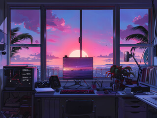 work desk with city views background illustration,beautiful lof animei background