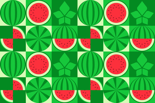 Seamless pattern with watermelon elements, Various simple geometric shapes.Tropical fruit Watermelon mosaic texture. Vector illustration for background