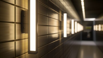 Fototapeta premium Short glimpses reveal the chic and minimalist design of rectangular light fixtures, enhancing the modern aesthetic of the washroom.