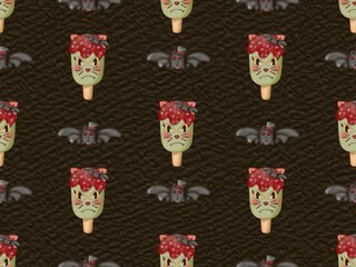 Seamless pattern of ice cream in a waffle and popsicles with red jam,chocolate for your Halloween on colorful background.for wrapping paper and fabrics and linens and kids. 