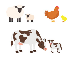 Cute farm animals set on white background. Cow, chicken, chick, pig, sheep. Vector illustration.