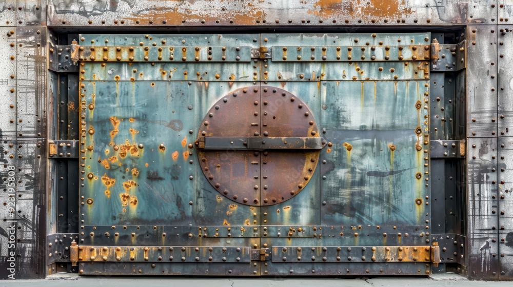 Wall mural bank vault door, safety metal steel closed door.