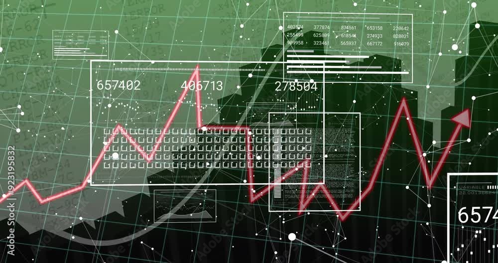 Poster financial data processing animation over cityscape with graphs and numbers