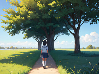 野原をゆっくりと歩いている女性