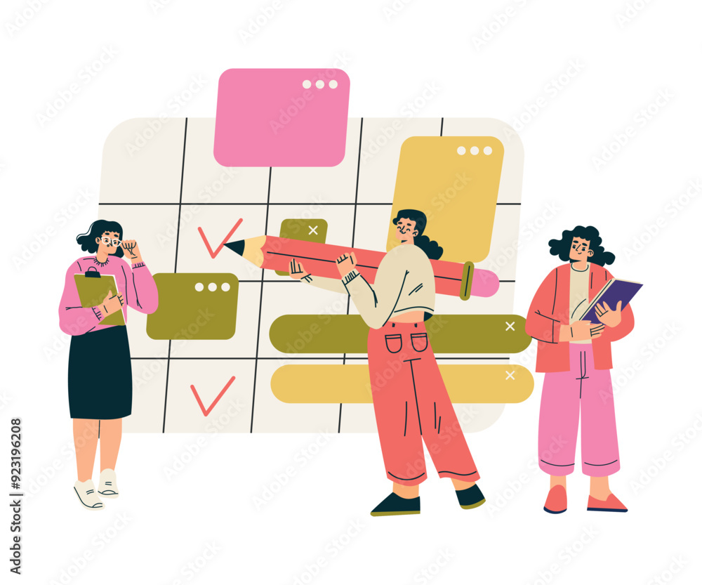 Poster multitasking woman character doing multiple task tick on calendar vector illustration