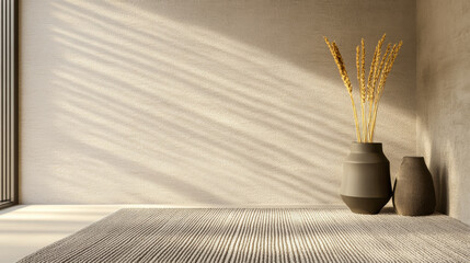 Minimalist japandi interior design composition with luxury elements, natural lighting casting shadows on the room and warm tones. Real Estate conceptual background or template image.