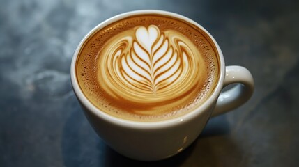 A cup of coffee with a delicate white swirl pattern on top, showcasing the artistry and richness of the beverage.
